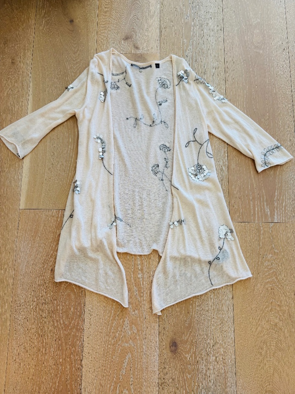 Anthropologie Knitted & Knotted Open Knit Cocoon Cardigan Sequin Floral L